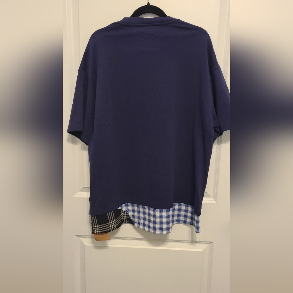 Men's Navy Blue Patchwork Tee with Plaid Accents - Picture 3 of 6